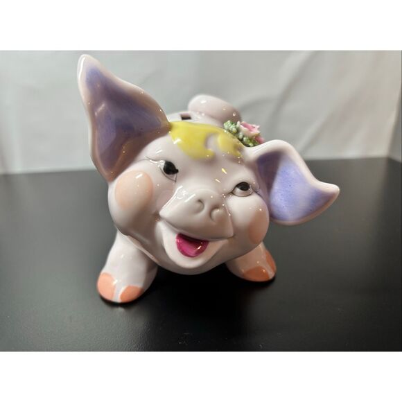 Vintage Lefton Piggy Bank Pig Porcelain Figurine With 3D Flower - Picture 3 of 14